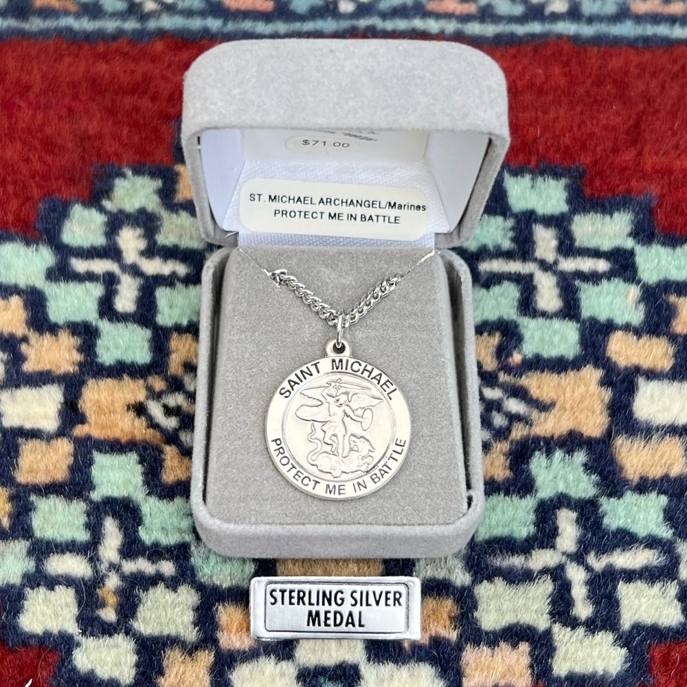 St. Michael Marines Sterling Silver Religious Medal Necklace Heavy Curb Chain